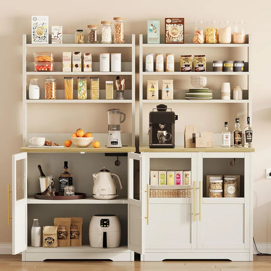 Kitchen Racks: Farmhouse Bakers Rack with Thickened Counter, Power Outlet, and Two Glass Doors
