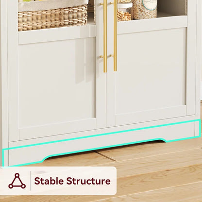 Kitchen Racks: Farmhouse Bakers Rack with Thickened Counter, Power Outlet, and Two Glass Doors