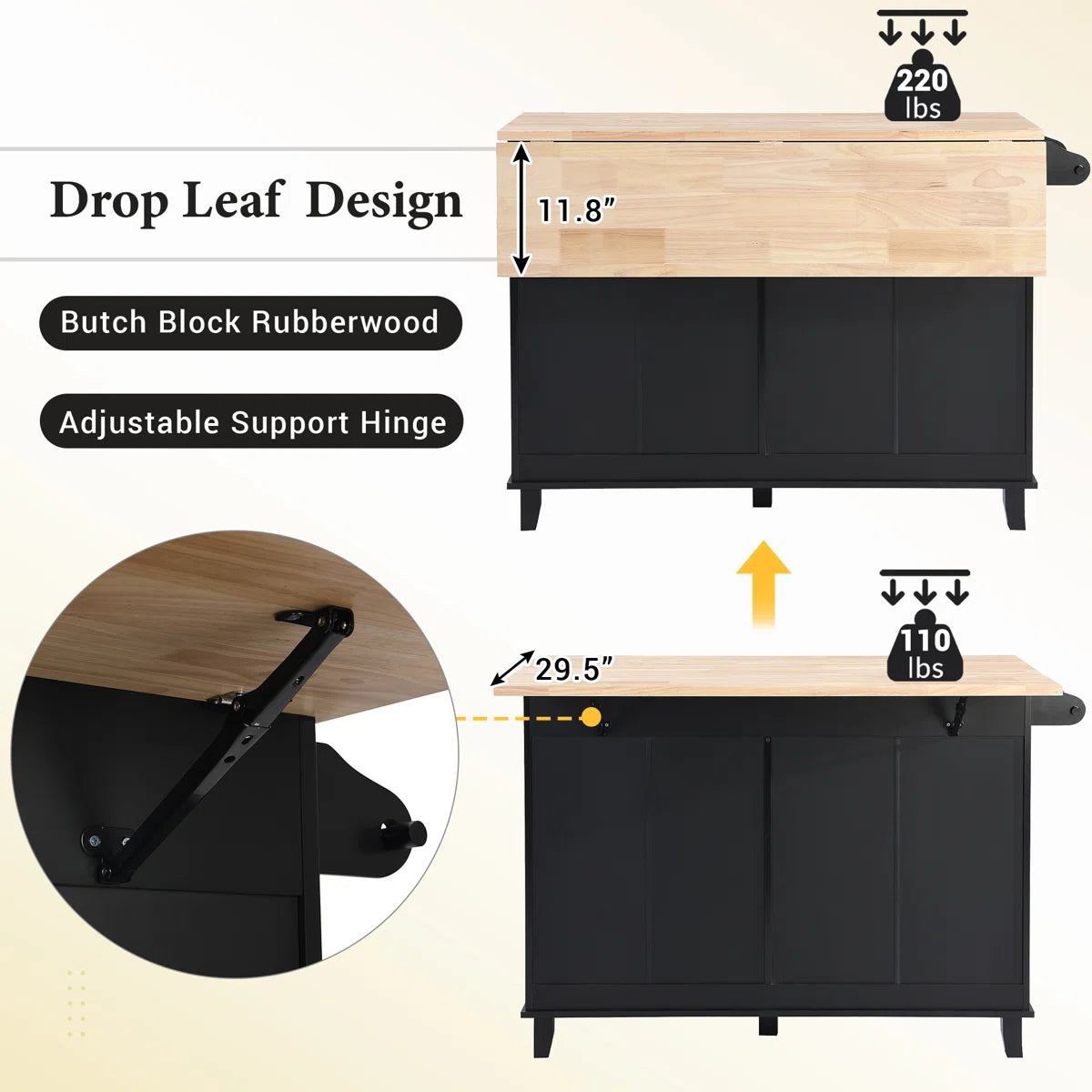 Kitchen Island Table: 50.3" Wide Farmhouse Style with Drop Leaf, Storage &amp; 2 Bar Stools