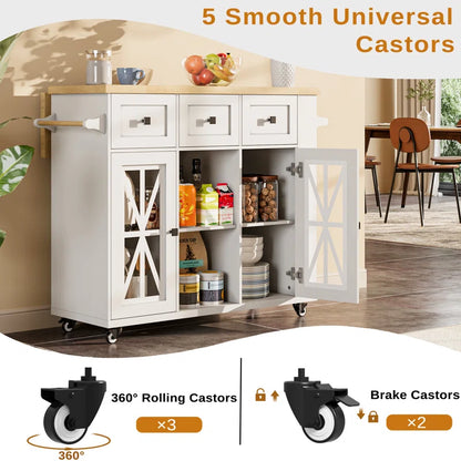 Kitchen Island Table: 41.3" Rustic Wooden Kitchen Cart with Drop Leaf & Storage