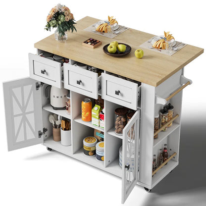 Kitchen Island Table: 41.3" Rustic Wooden Kitchen Cart with Drop Leaf & Storage