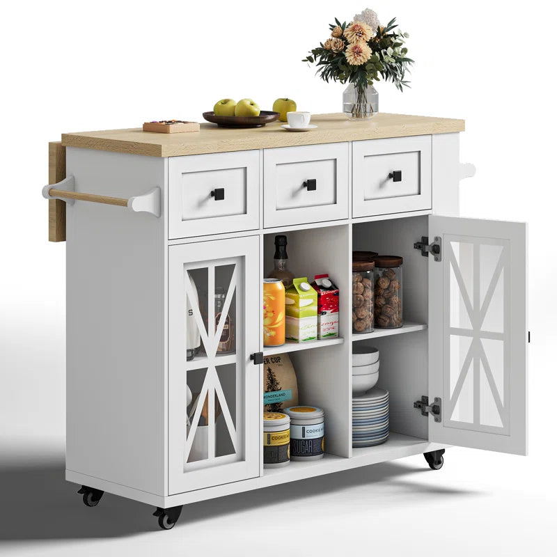 Kitchen Island Table: 41.3" Rustic Wooden Kitchen Cart with Drop Leaf & Storage