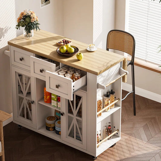 Kitchen Island Table: 41.3" Rustic Wooden Kitchen Cart with Drop Leaf & Storage