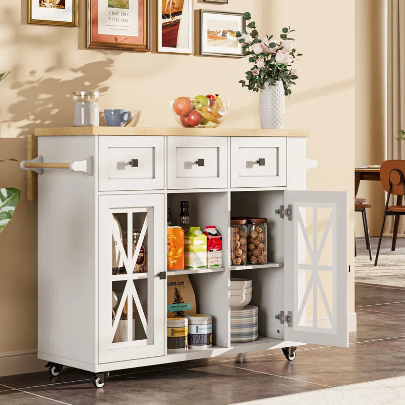 Kitchen Island Table: 41.3" Rustic Wooden Kitchen Cart with Drop Leaf & Storage
