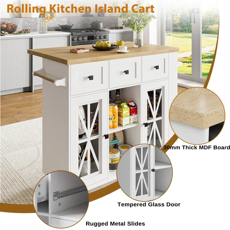 Kitchen Island Table: 41.3" Rustic Wooden Kitchen Cart with Drop Leaf & Storage