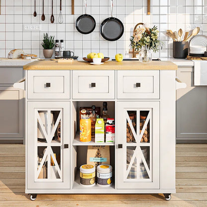Kitchen Island Table: 41.3" Rustic Wooden Kitchen Cart with Drop Leaf & Storage