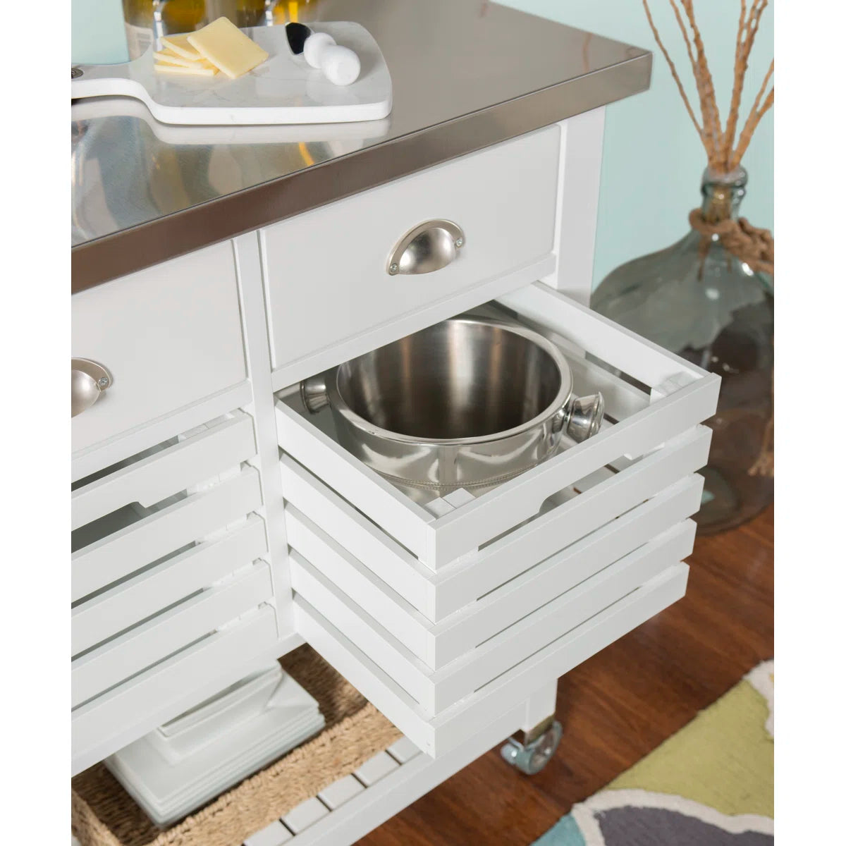 Kitchen Island Table: 30'' Wide Rolling Grey Cart with Stainless Steel Top, Storage Drawers & Bins