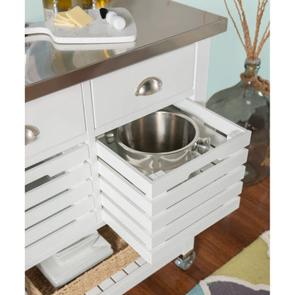 Kitchen Island Table: 30'' Wide Rolling Grey Cart with Stainless Steel Top, Storage Drawers & Bins