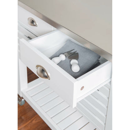 Kitchen Island Table: 30'' Wide Rolling Grey Cart with Stainless Steel Top, Storage Drawers & Bins
