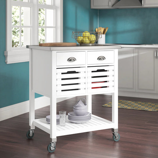 Kitchen Island Table: 30'' Wide Rolling Grey Cart with Stainless Steel Top, Storage Drawers & Bins