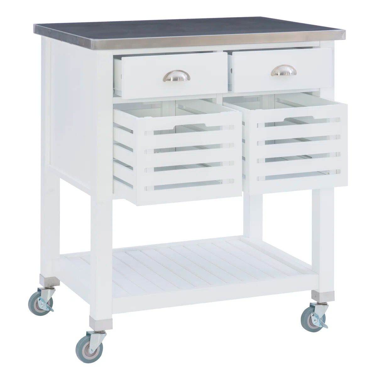 Kitchen Island Table: 30'' Wide Rolling Grey Cart with Stainless Steel Top, Storage Drawers & Bins