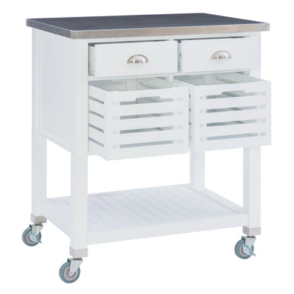 Kitchen Island Table: 30'' Wide Rolling Grey Cart with Stainless Steel Top, Storage Drawers & Bins