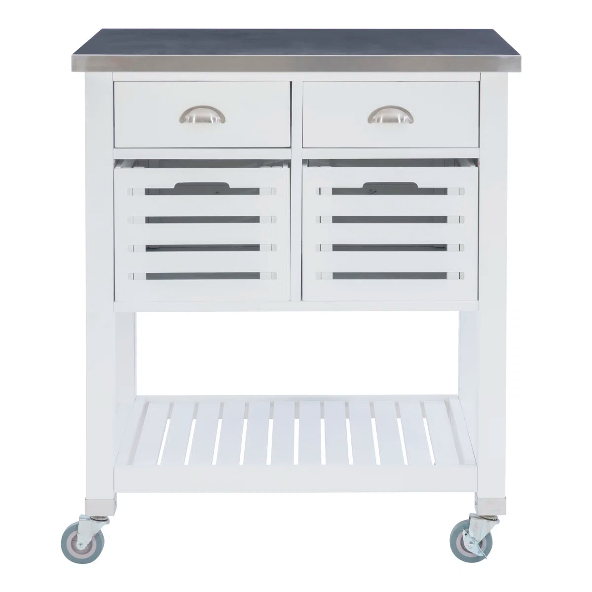 Kitchen Island Table: 30'' Wide Rolling Grey Cart with Stainless Steel Top, Storage Drawers & Bins