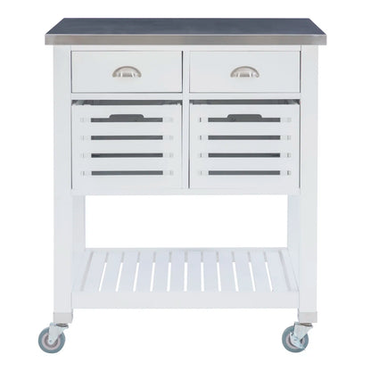 Kitchen Island Table: 30'' Wide Rolling Grey Cart with Stainless Steel Top, Storage Drawers & Bins