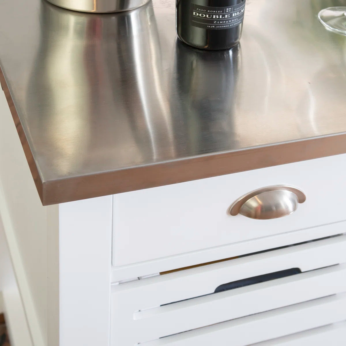 Kitchen Island Table: 30'' Wide Rolling Grey Cart with Stainless Steel Top, Storage Drawers & Bins
