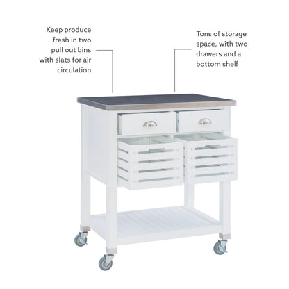 Kitchen Island Table: 30'' Wide Rolling Grey Cart with Stainless Steel Top, Storage Drawers & Bins