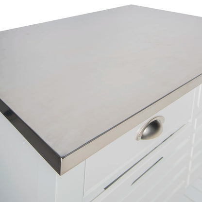Kitchen Island Table: 30'' Wide Rolling Grey Cart with Stainless Steel Top, Storage Drawers & Bins
