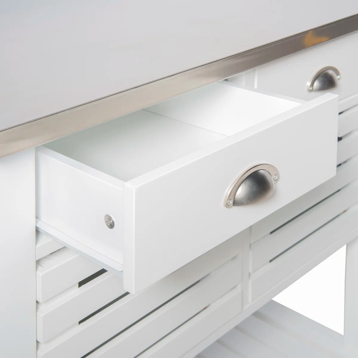 Kitchen Island Table: 30'' Wide Rolling Grey Cart with Stainless Steel Top, Storage Drawers & Bins