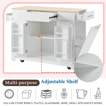 Kitchen Island Table: 48.5" Multifunctional Kitchen Cart with Hidden Trash Bin &amp; Charging Station