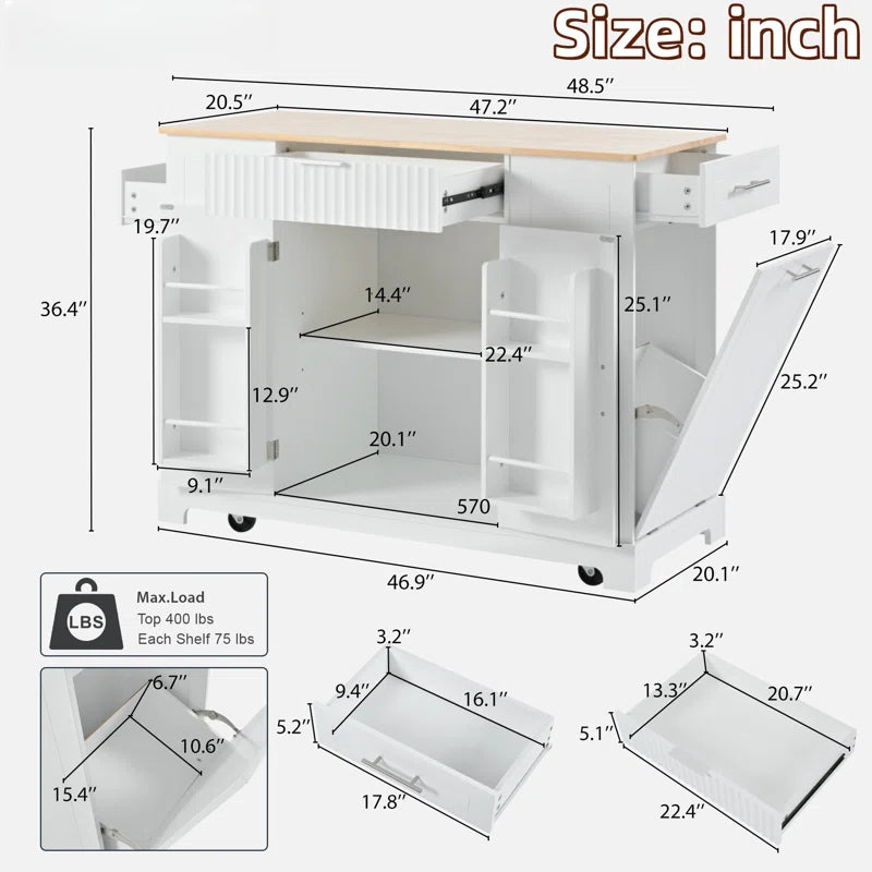 Kitchen Island Table: 48.5" Multifunctional Kitchen Cart with Hidden Trash Bin &amp; Charging Station