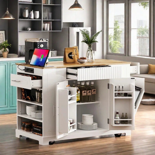 Kitchen Island Table: 48.5" Multifunctional Kitchen Cart with Hidden Trash Bin &amp; Charging Station