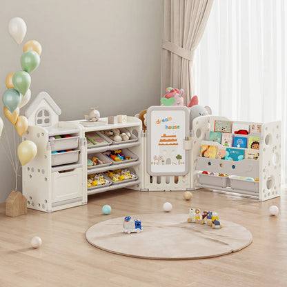Kids Toy Storage Unit: 87.4" Foldable Multi-Bin Organiser with Drawing Board & Bookshelves