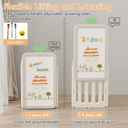 Kids Toy Storage Unit: 87.4" Foldable Multi-Bin Organiser with Drawing Board & Bookshelves
