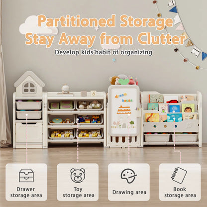 Kids Toy Storage Unit: 87.4" Foldable Multi-Bin Organiser with Drawing Board & Bookshelves