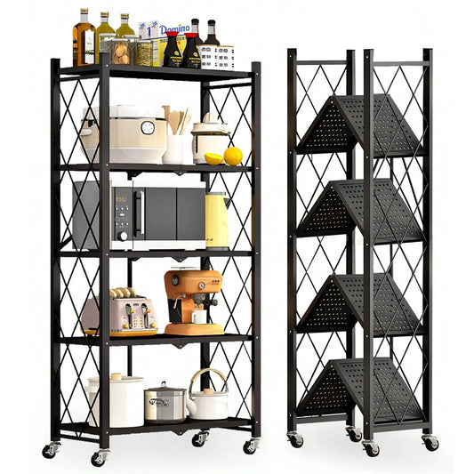 Kitchen Racks: Foldable Shelves for Home and Kitchen Storage: 5-tier Metal Rack with Swivel Wheels