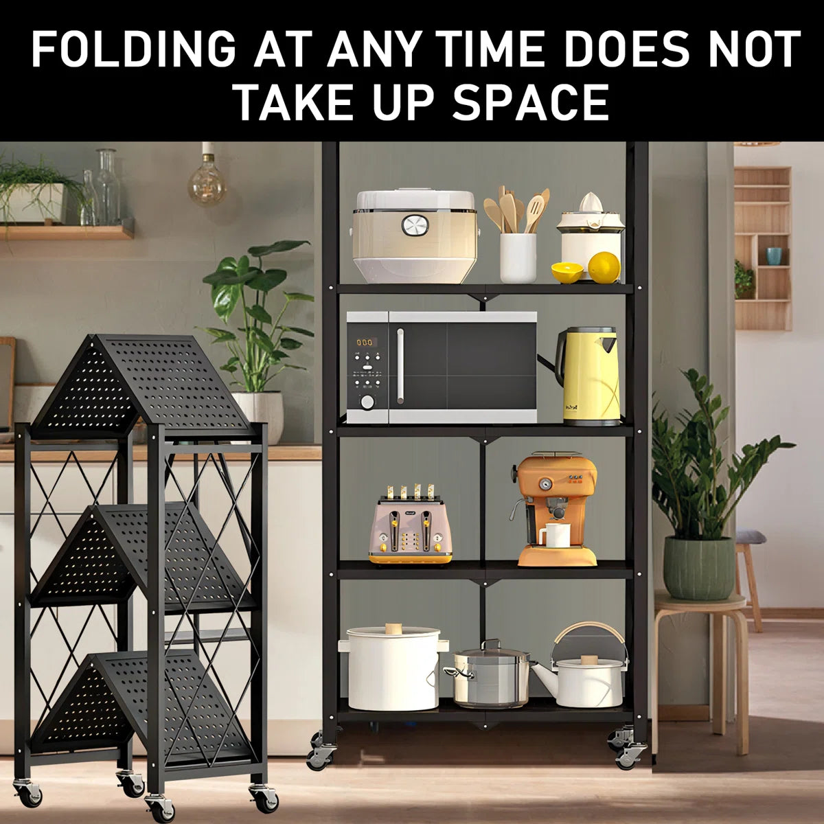 Kitchen Racks: Foldable Shelves for Home and Kitchen Storage: 5-tier Metal Rack with Swivel Wheels