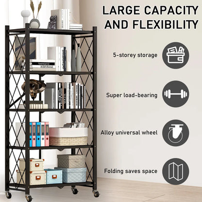 Kitchen Racks: Foldable Shelves for Home and Kitchen Storage: 5-tier Metal Rack with Swivel Wheels