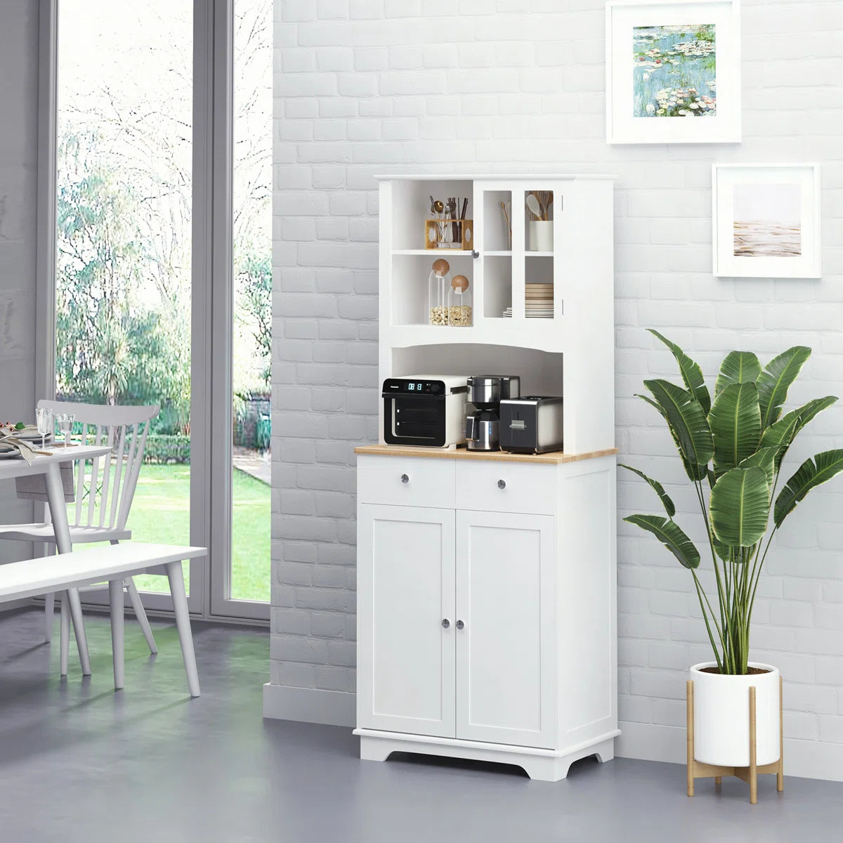 Microwave Stands: 67" White Kitchen Buffet Hutch – Pantry Cabinet with Adjustable Shelf, Drawers & Cupboard