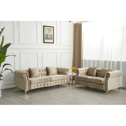 Luxury Sofa Sets: Chesterfield Style 3-Piece Velvet Sofa Set with Gold Legs & Tufted Arms