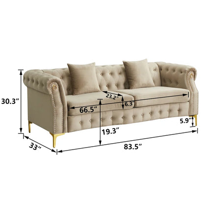 Luxury Sofa Sets: Chesterfield Style 3-Piece Velvet Sofa Set with Gold Legs & Tufted Arms