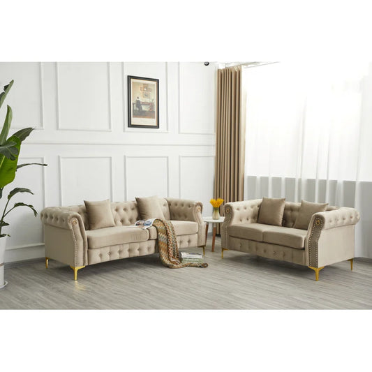 Luxury Sofa Sets: Chesterfield Style 3-Piece Velvet Sofa Set with Gold Legs & Tufted Arms
