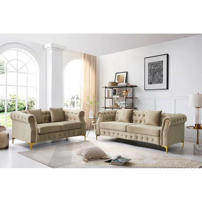 Luxury Sofa Sets: Chesterfield Style 3-Piece Velvet Sofa Set with Gold Legs & Tufted Arms