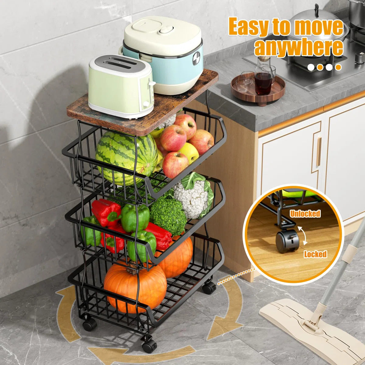 Kitchen Racks: 4 Tier Stackable Fruit Vegetable Storage Baskets With Wheels