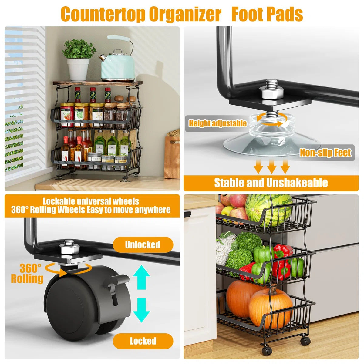 Kitchen Racks: 4 Tier Stackable Fruit Vegetable Storage Baskets With Wheels