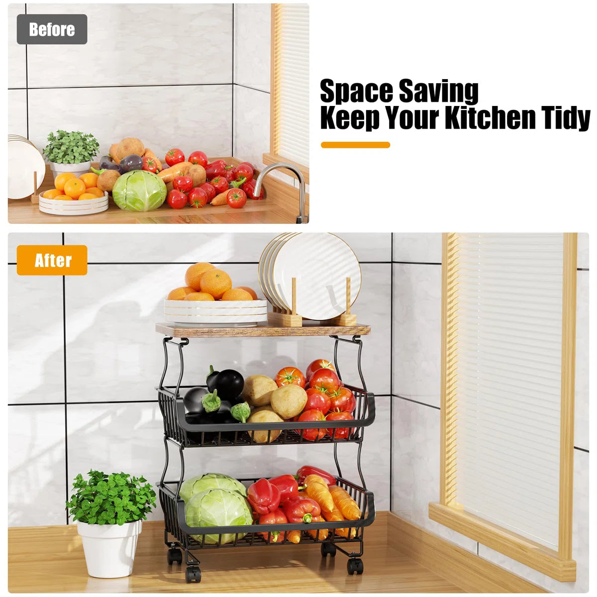 Kitchen Racks: 4 Tier Stackable Fruit Vegetable Storage Baskets With Wheels