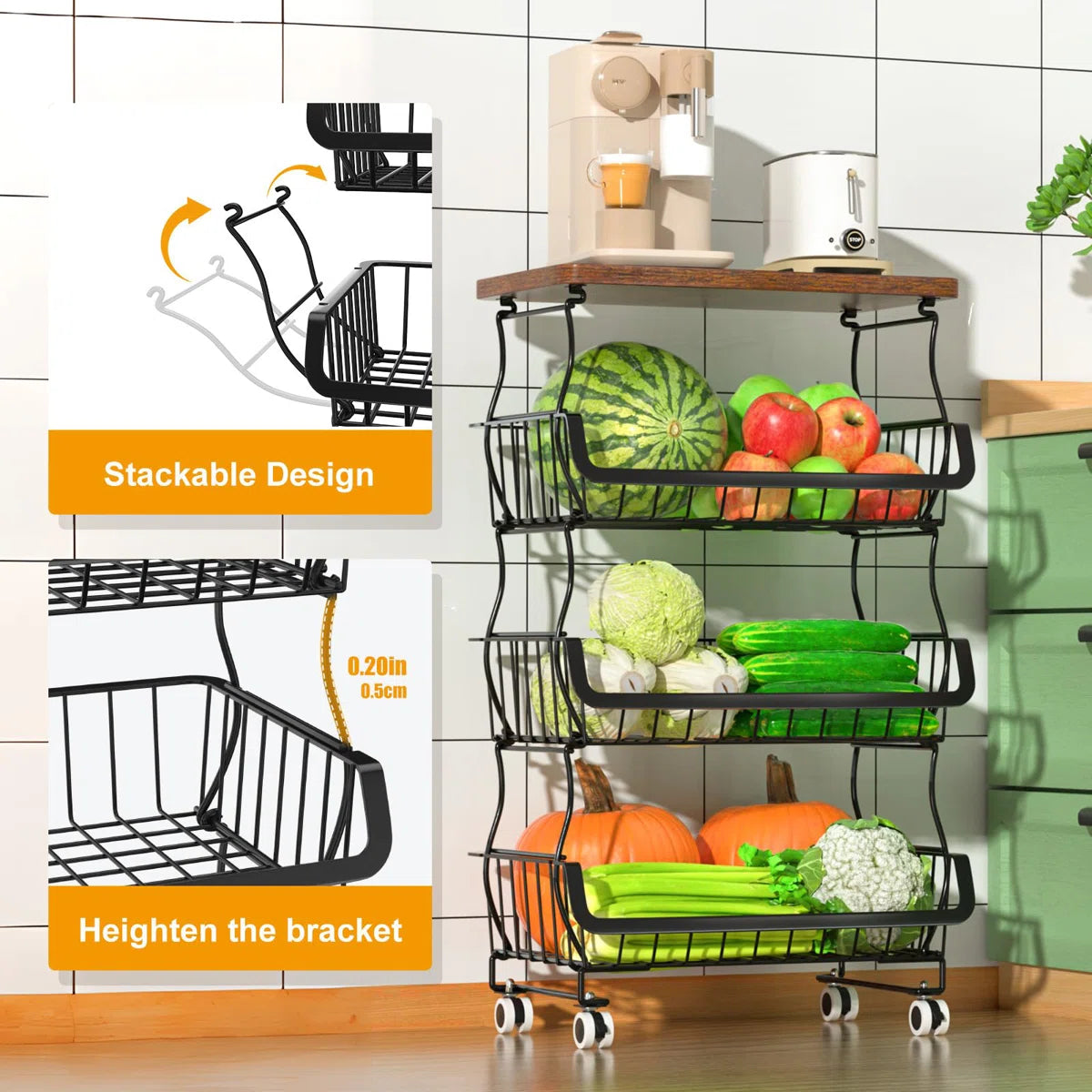 Kitchen Racks: 4 Tier Stackable Fruit Vegetable Storage Baskets With Wheels