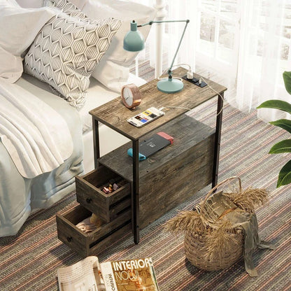 End Table: Gray End Table with 2 Wooden Drawers and USB Ports & Power Outlets