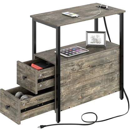 End Table: Gray End Table with 2 Wooden Drawers and USB Ports & Power Outlets