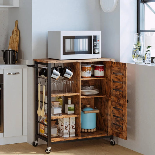 Kitchen Island Table: Rolling Kitchen Cart Cabinet with Adjustable Shelves &amp; Towel Rack