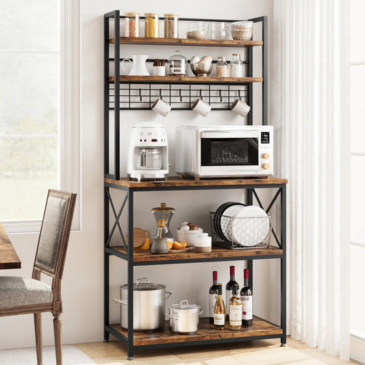 Kitchen Racks: 31.4" iron baker’s rack with microwave shelf and open kitchen storage tiers