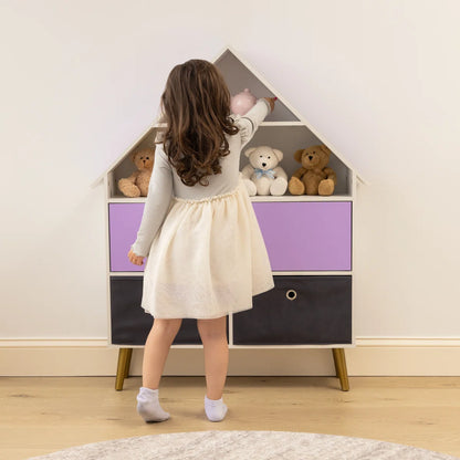 Kids Toy Storage Unit – Harper Orchard Dollhouse Bookcase with Bins in Purple & White