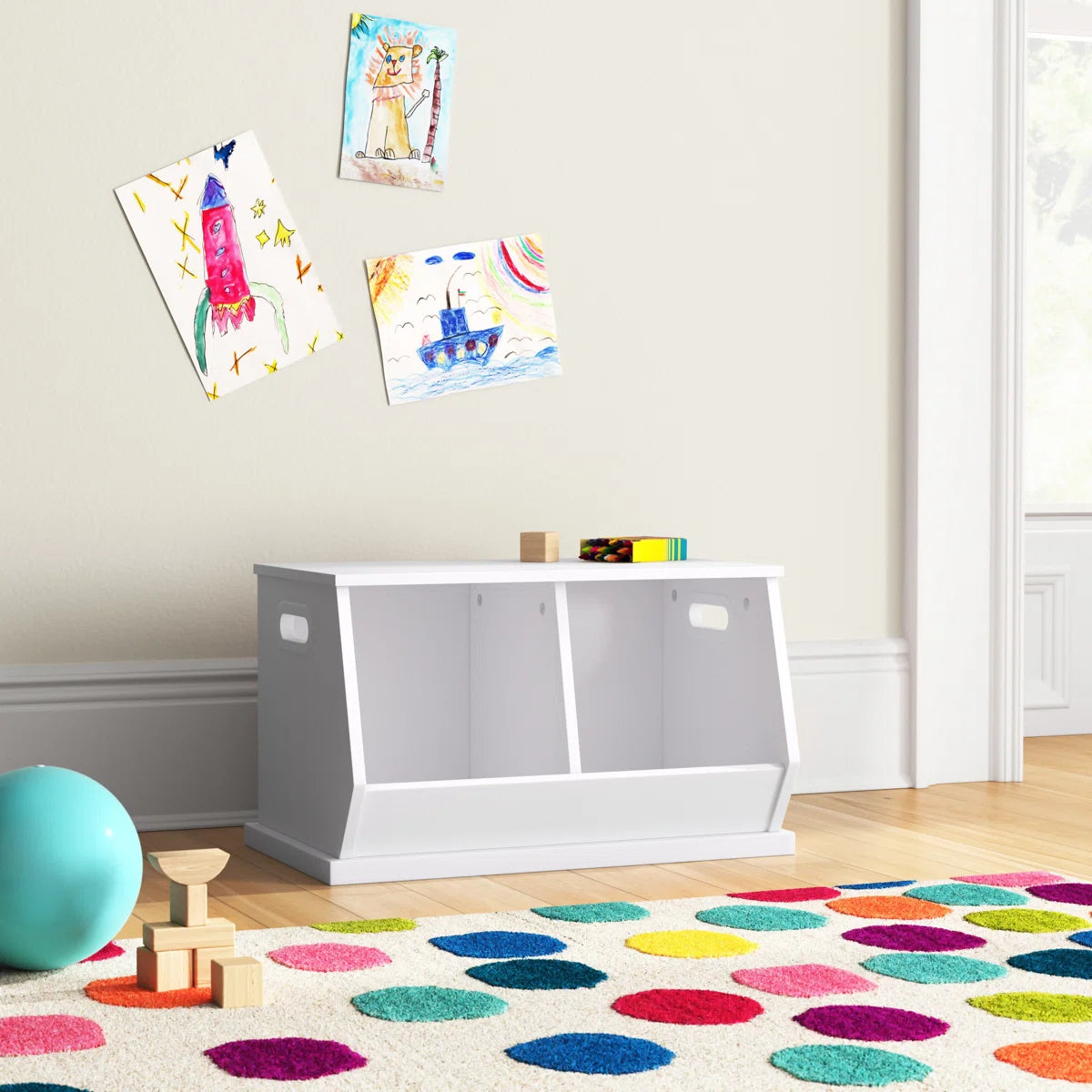Kids Toy Storage Unit: 2-Compartment Wooden Organiser with Side Handles