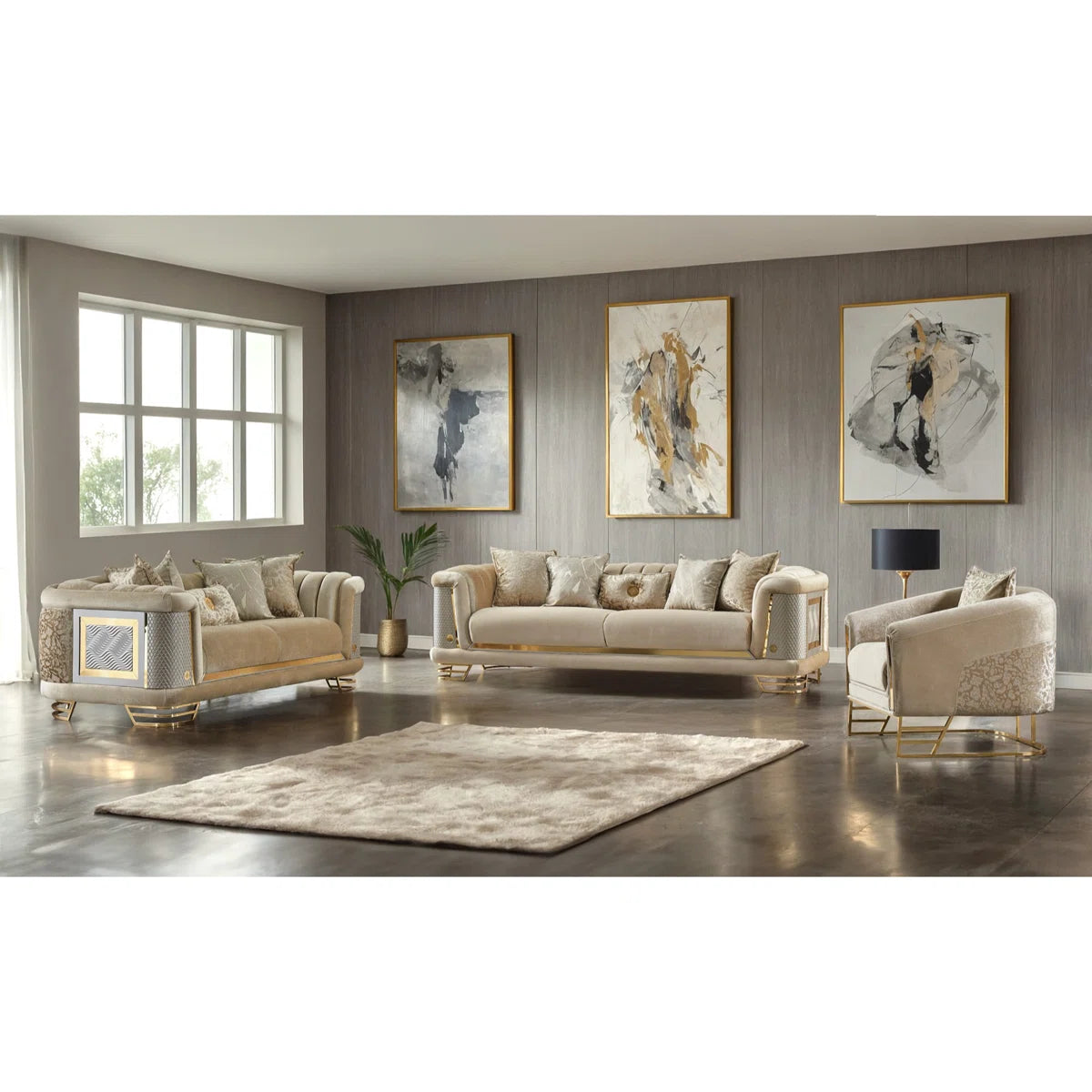 Luxury Sofa Sets: Luxury Velvet 3-Piece Sofa Set with Gold Legs – Sofa, Loveseat & Chair