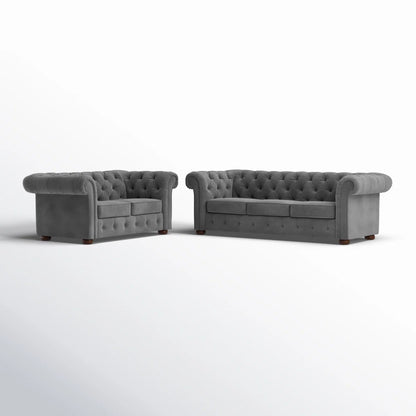 Luxury Sofa Sets: Velvet Tufted Sofa & Loveseat Set with Rolled Arms – Dark Grey