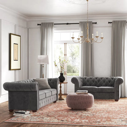 Luxury Sofa Sets: Velvet Tufted Sofa & Loveseat Set with Rolled Arms – Dark Grey