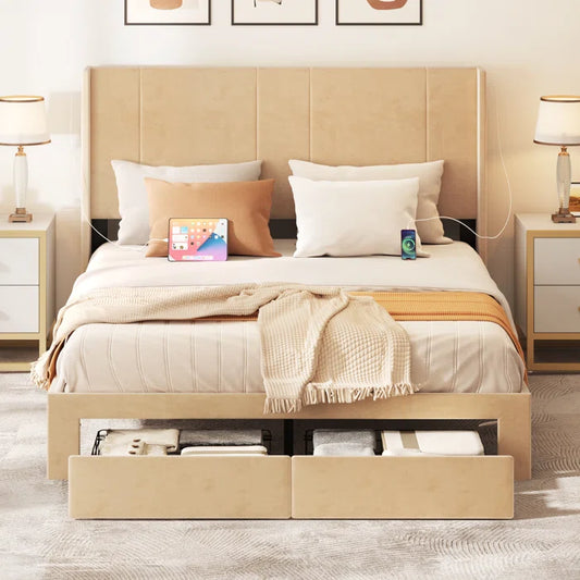 Hydraulic Bed: Upholstered Storage Bed with Built-in USB